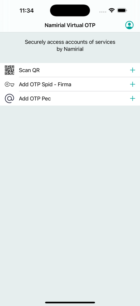 Namirial Virtual OTP app interface showing menu options to scan QR codes and add accounts for digital signatures