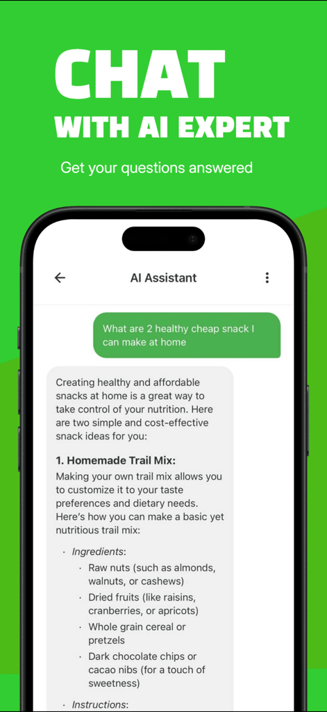 Reveal it - Product Scanner - AI assistant interface in the Reveal it app providing healthy snack recommendations and nutritional advice.