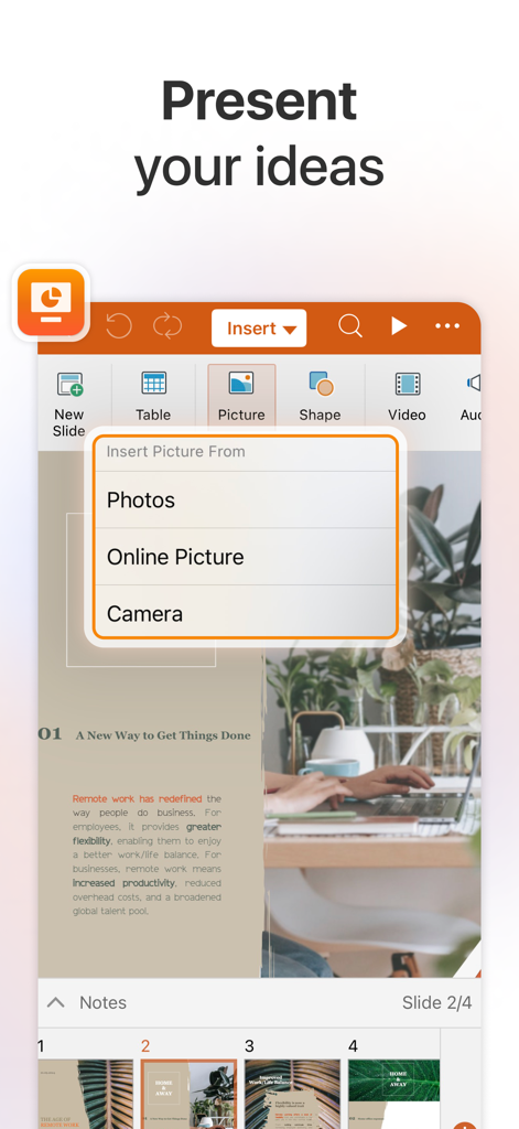 Editor de presentaciones de MobiOffice que muestra opciones para insertar imágenes de fotos o la cámara en una diapositiva