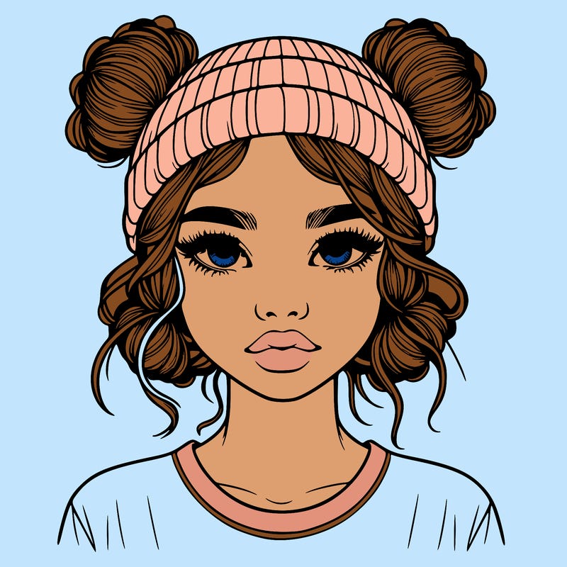 realistic girl with buns in her hair with a beanie on