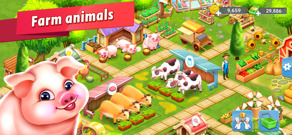 Una colorida escena de granja con lindos cerdos, vacas y pollos animados en Star Chef 2.