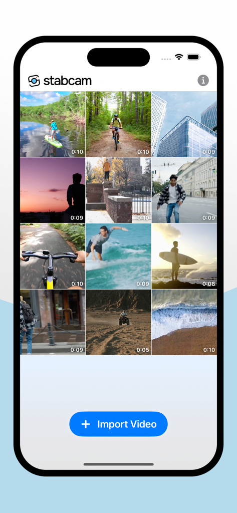 stabcam - Stabilize Videos - stabcam app screen displaying a grid of action videos and a blue import video button