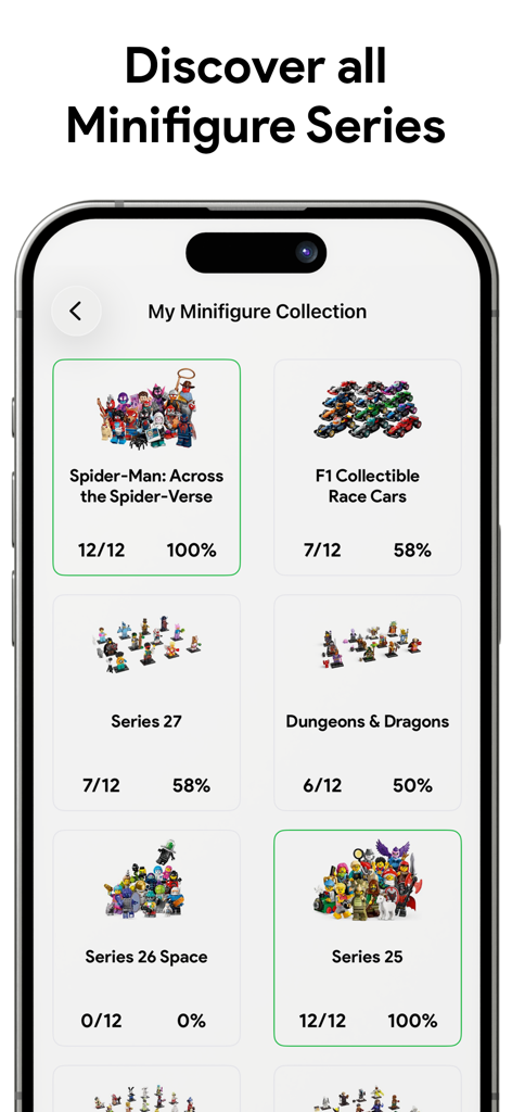 A mobile app interface showing a Lego minifigure collection organized by series with completion percentages