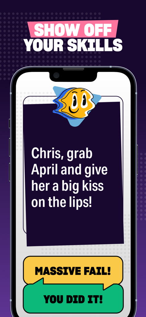 A smartphone screen displaying a dare challenge to kiss another player with options to mark as completed or failed.