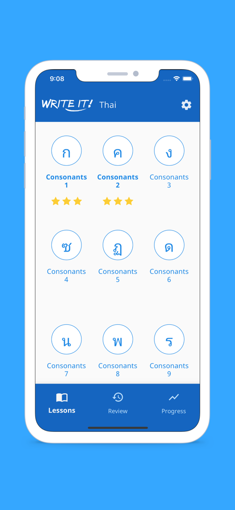 Write It! Thai - Das Lektionsmenü der Schreib es! Thai App zeigt organisierte Module zum Erlernen thailändischer Konsonanten