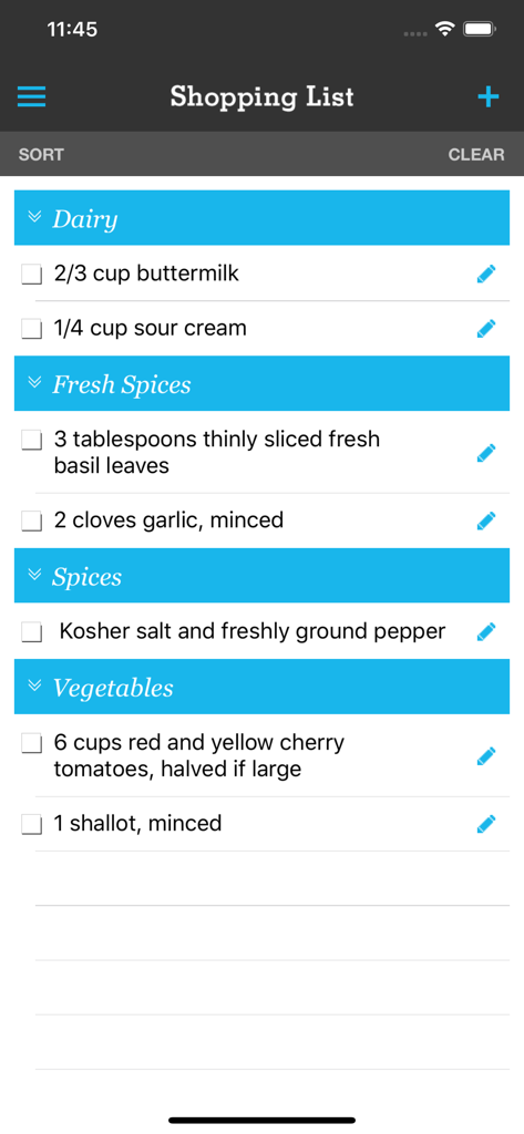 A mobile app interface showing a grocery shopping list organized by food categories like dairy and vegetables.