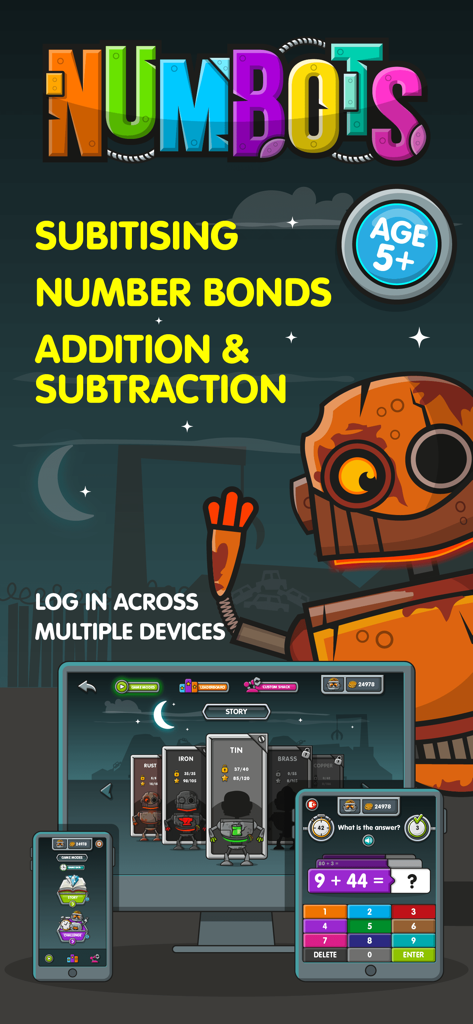 NumBots - NumBots Lern-App-Oberfläche, die Additionsaufgaben und Roboterfiguren auf mehreren Geräten zeigt