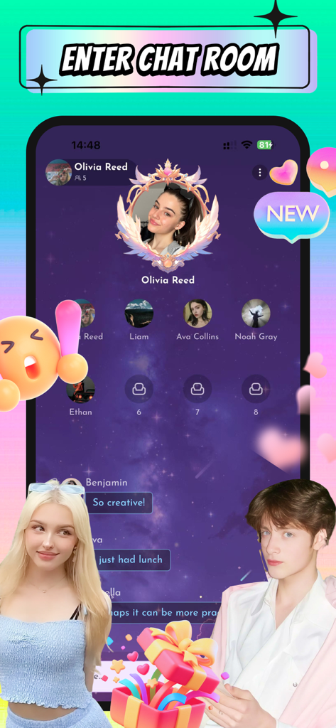Glifa app screen showing a social gift talk room with user avatars and chat messages