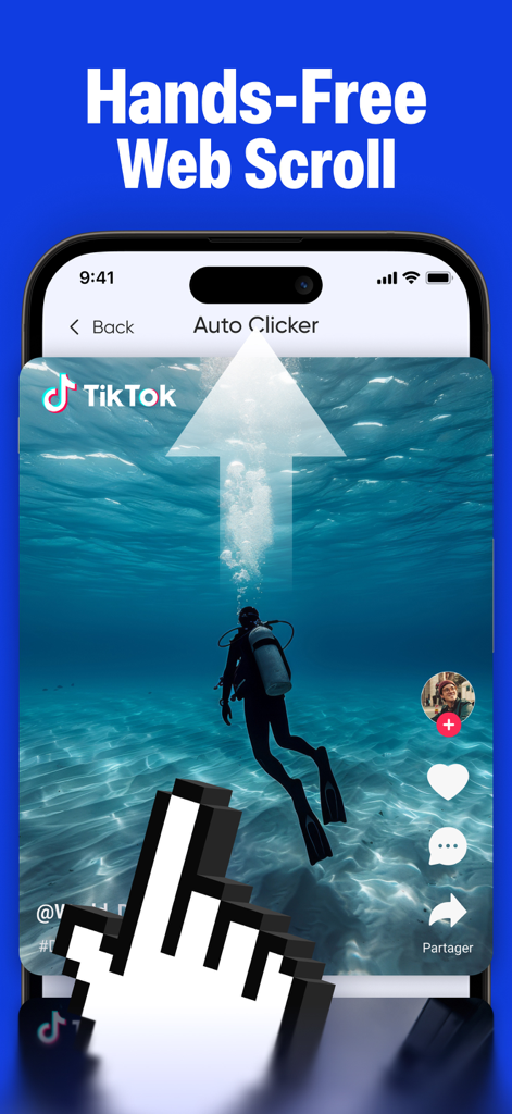Auto Clicker app interface showing automated vertical scrolling on a mobile video feed