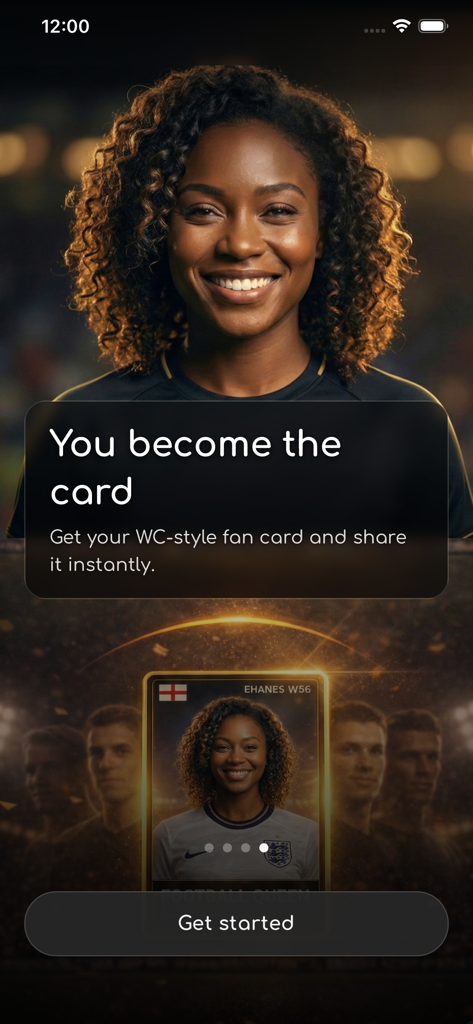 Onboarding screen of Glorio app showing an AI generated digital fan card