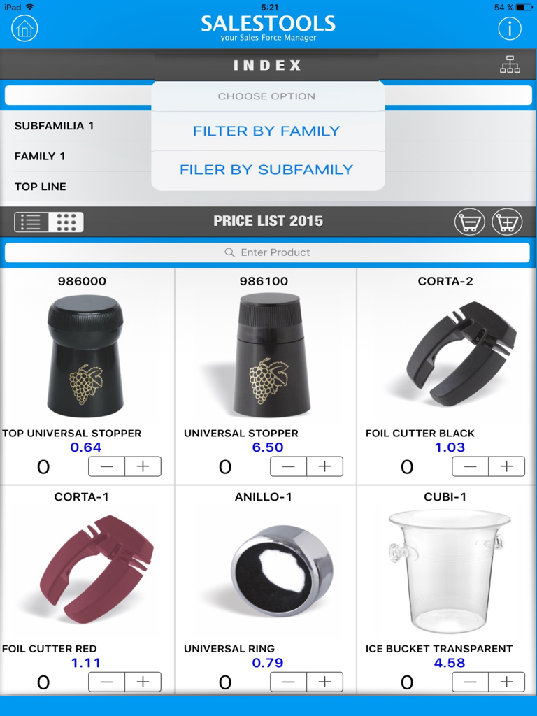 SalesTools iPad application displaying an interactive product catalog and price list for wine accessories