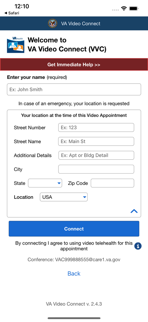 VA Video Connect app welcome screen showing fields to enter patient name and location for a telehealth appointment