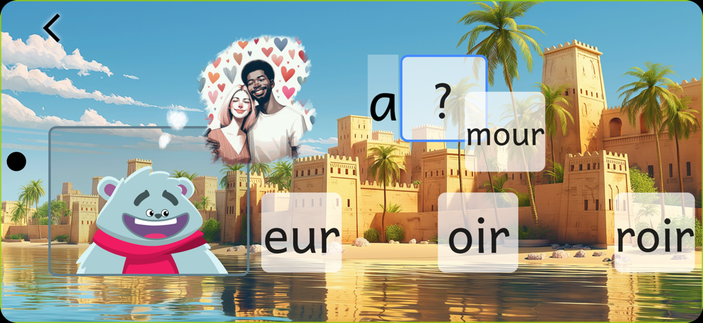 Jeu d'association de syllabes dans une application éducative française pour enfants présentant le mot amour et un ours en dessin animé.