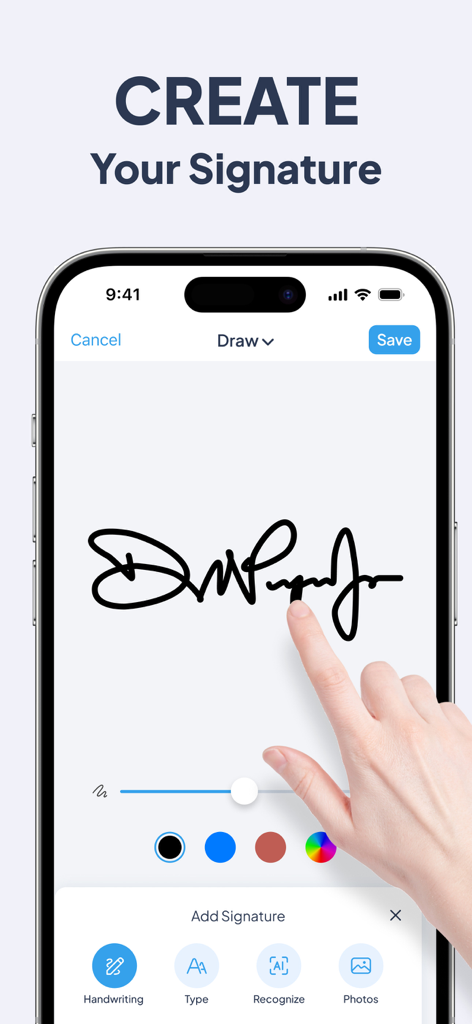 Un utente disegna una firma manoscritta sullo schermo di uno smartphone nell'app eSign PDF.