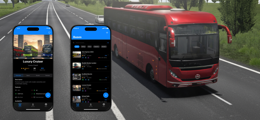 Ultimate Bus Simulatorr - Ultimate Bus Simulator app interface showing fleet management and bus list on iPhone screens.