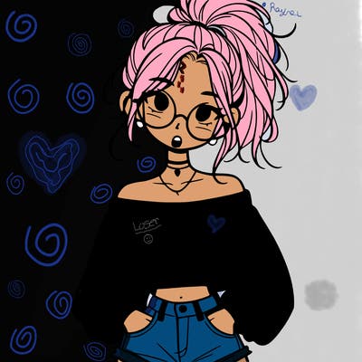 girl with a messy ponytail glasses a baggy crop top and jean shorts