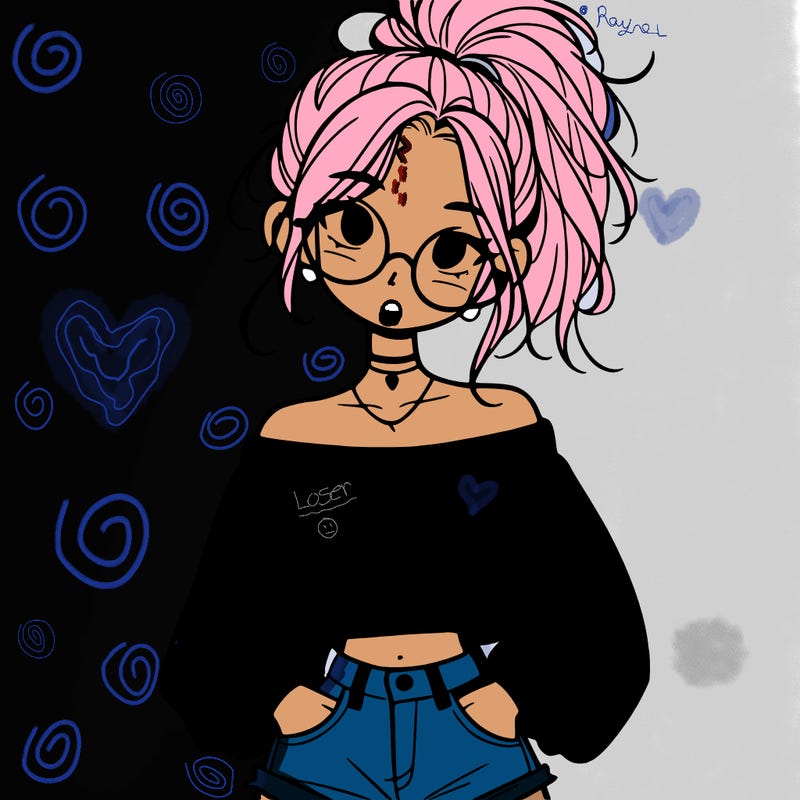 girl with a messy ponytail glasses a baggy crop top and jean shorts