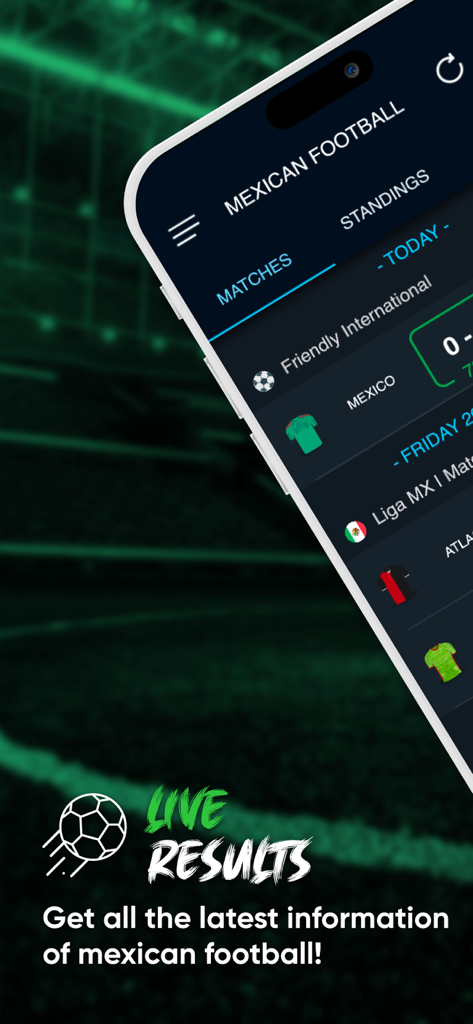 Smartphone screen displaying live results and match schedules for Mexican football and Liga MX.