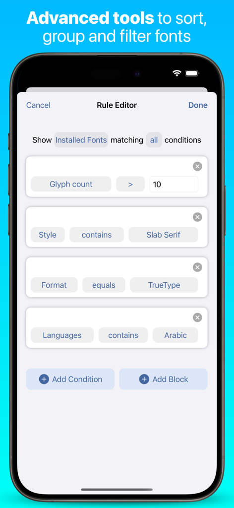 iFont: find, install any font - Interfaz del Editor de Reglas de la aplicación iFont que muestra opciones avanzadas de filtrado de fuentes en un iPhone.