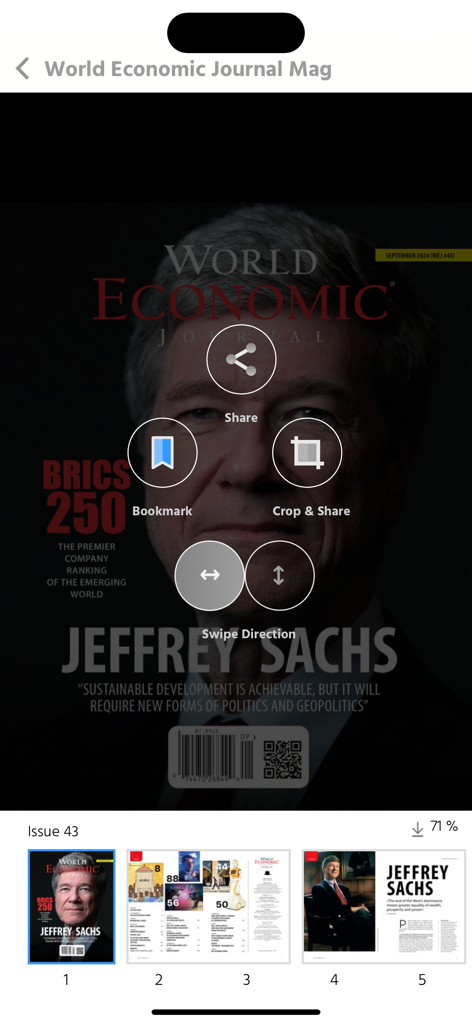 World Economic Journal Mag - Interface of the World Economic Journal magazine app featuring an issue with Jeffrey Sachs and reading tools