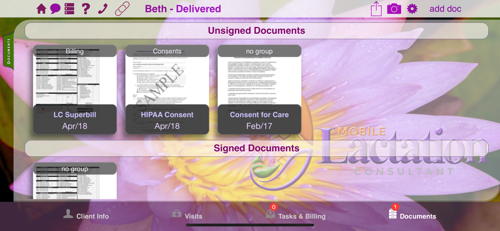Interface of the Mobile Lactation Consultant app showing a document management screen with signed and unsigned medical forms like HIPAA consent and superbills
