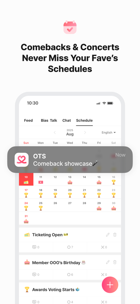 Kpop Idol Vote - CHOEAEDOL - CHOEAEDOL app schedule interface showing a K-pop idol comeback and concert calendar