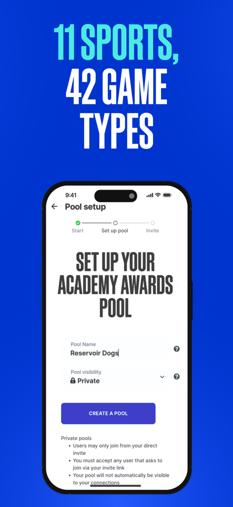 Pantalla de la aplicación móvil RunYourPool que muestra el proceso de configuración de una quiniela privada de los Premios de la Academia.