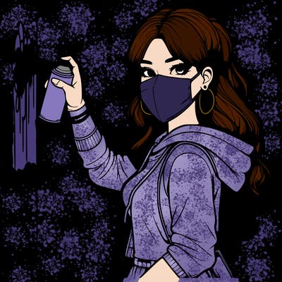 realistic girl with mask spray painting a wall