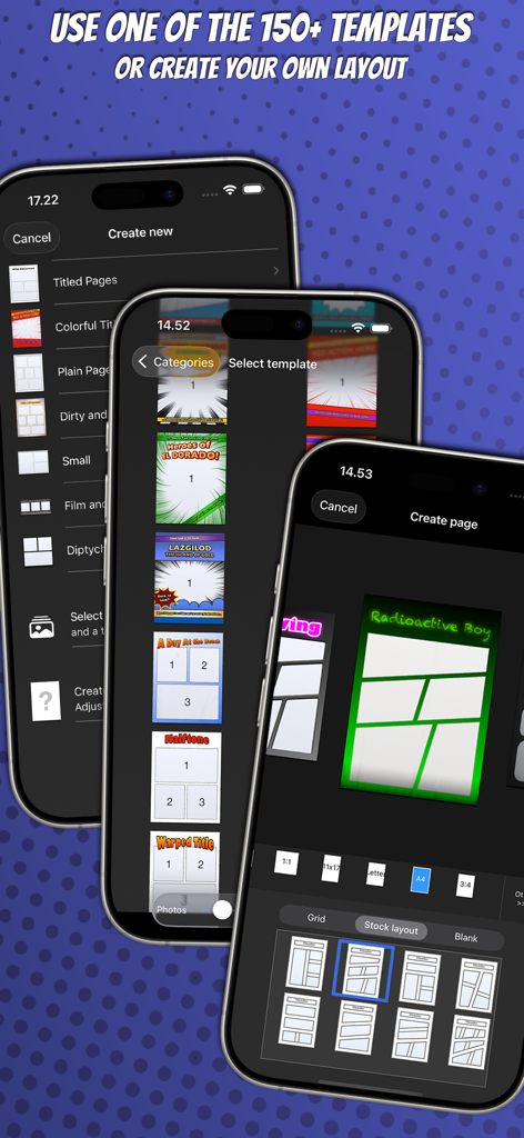 Strip Designer mobile app interface showing various comic book page templates and custom layout selection options