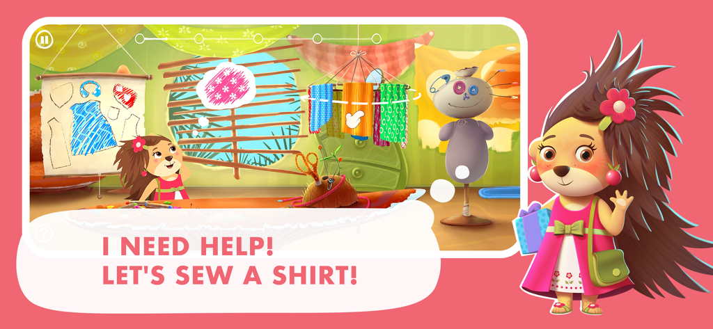 A cute porcupine character in a colorful sewing room inviting the player to sew a shirt.