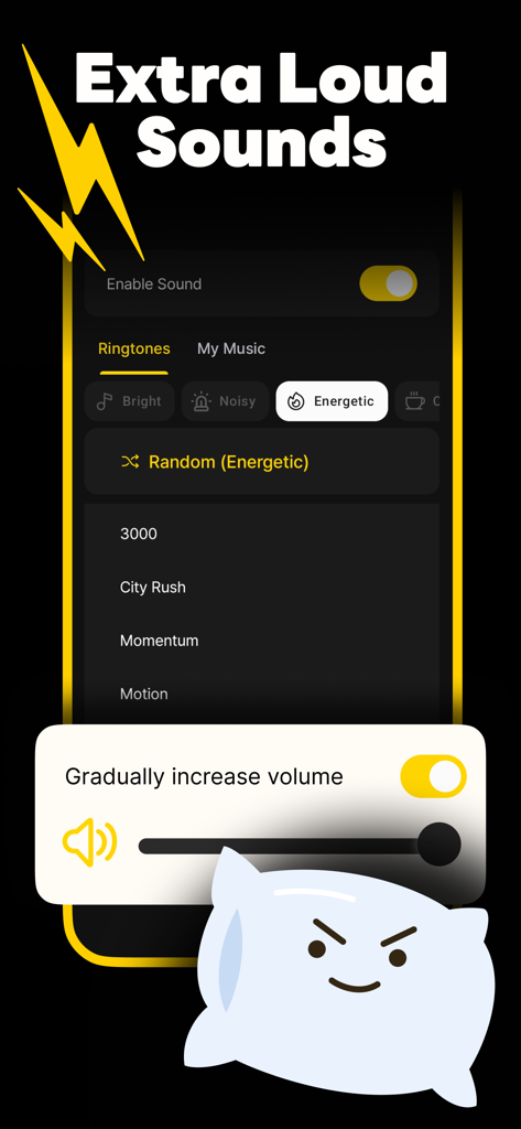 SuperAlarm interface showing extra loud ringtone options and gradual volume increase settings for heavy sleepers.