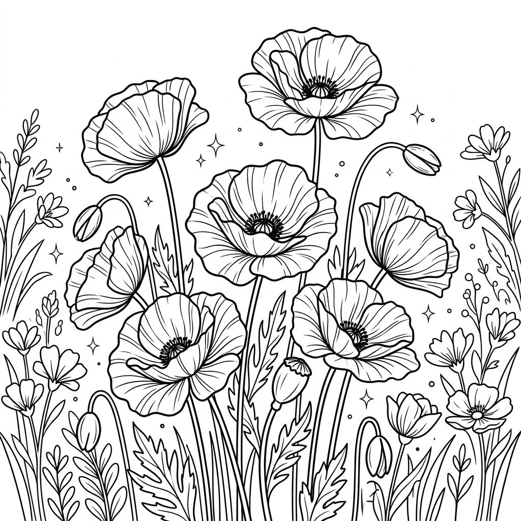 Spring Poppies Coloring Page | Delicate Floral Art