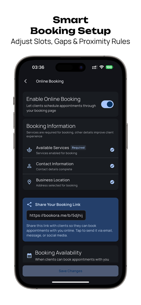 Bookora Calendar - Pantalla de smartphone mostrando la interfaz de configuración de reservas online de Bookora Calendar con opciones para habilitar reservas y compartir enlaces.