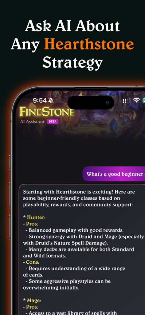 FindStone - HS Card Companion - FindStone app screen showing an AI assistant chat interface providing Hearthstone gameplay strategies and class advice.