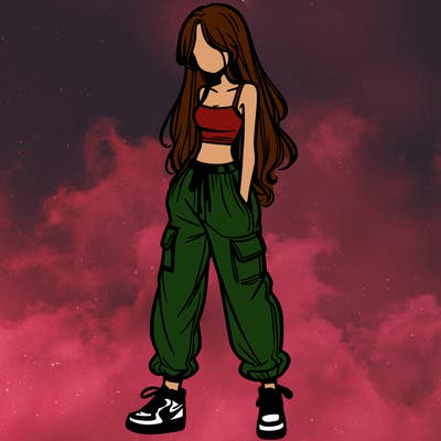 girl in baggy pants crop top and long hair