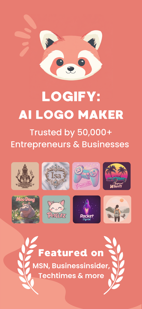 Logify: AI Logo Maker & Design - Écran de l'application Logify présentant des exemples de logos IA et des statistiques de confiance pour les entrepreneurs et les entreprises.