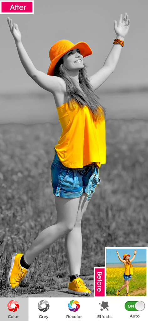 Before and after comparison of selective colorization effect on a woman in a field using Photo Splash app