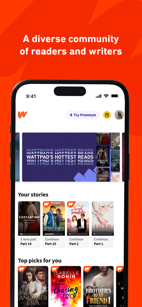 Wattpad - Read & Write Stories - Interfaz de la aplicación móvil Wattpad que muestra una colección diversa de recomendaciones de historias para lectores y escritores.