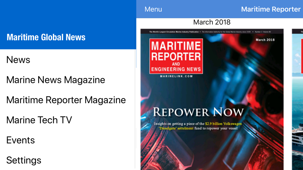 Maritime Global News - Maritime Global News app interface showing the navigation menu and Maritime Reporter magazine cover