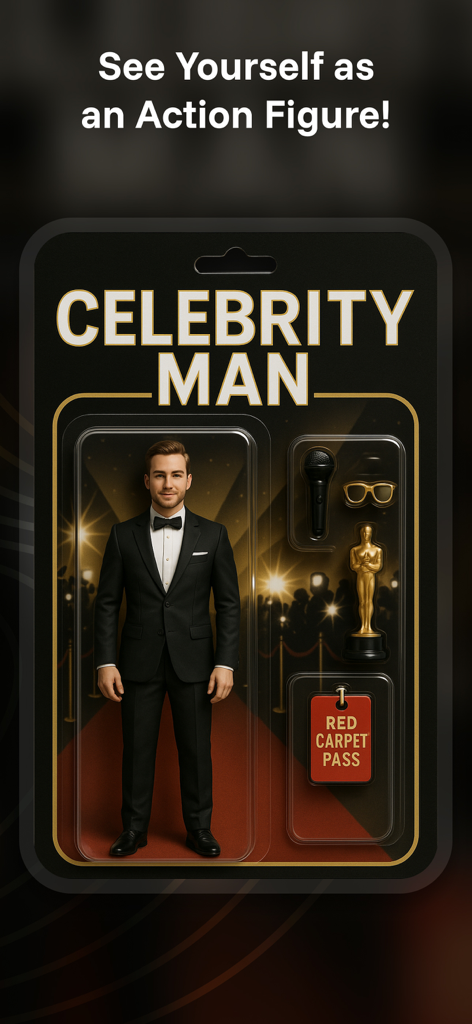 An AI generated action figure avatar of a man in a tuxedo on a red carpet
