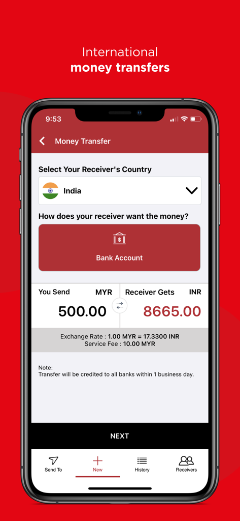 Merchantrade Money app interface showing an international money transfer from MYR to a bank account in India with exchange rates and fees.