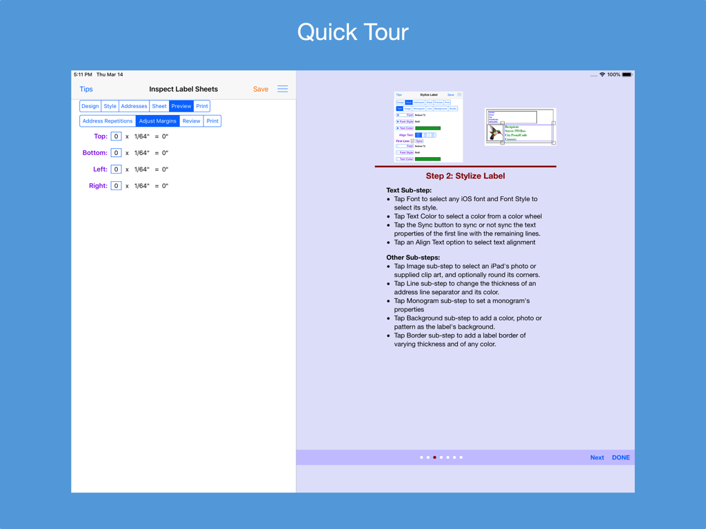 Quick tour screen of Address Label Creator showing margin adjustment settings and styling instructions