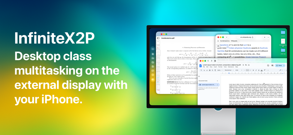 InfiniteX2P app showing desktop multitasking with multiple windows on an external monitor connected to an iPhone