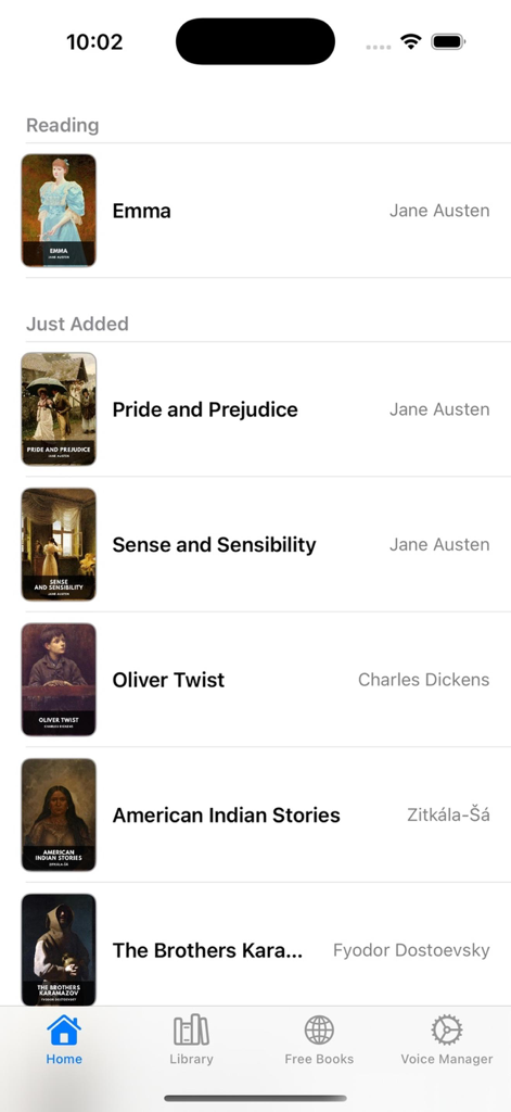 Libri Audiobooks - La pantalla de inicio de la aplicación Libri Audiolibros mostrando una lista de libros clásicos, incluyendo Emma y Orgullo y Prejuicio.