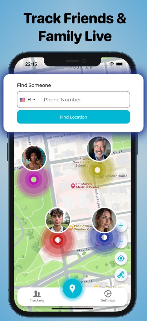 Phone Tracker by Number Locate - Map interface of PhoneLoc app showing real-time locations of friends and family with a phone number search bar