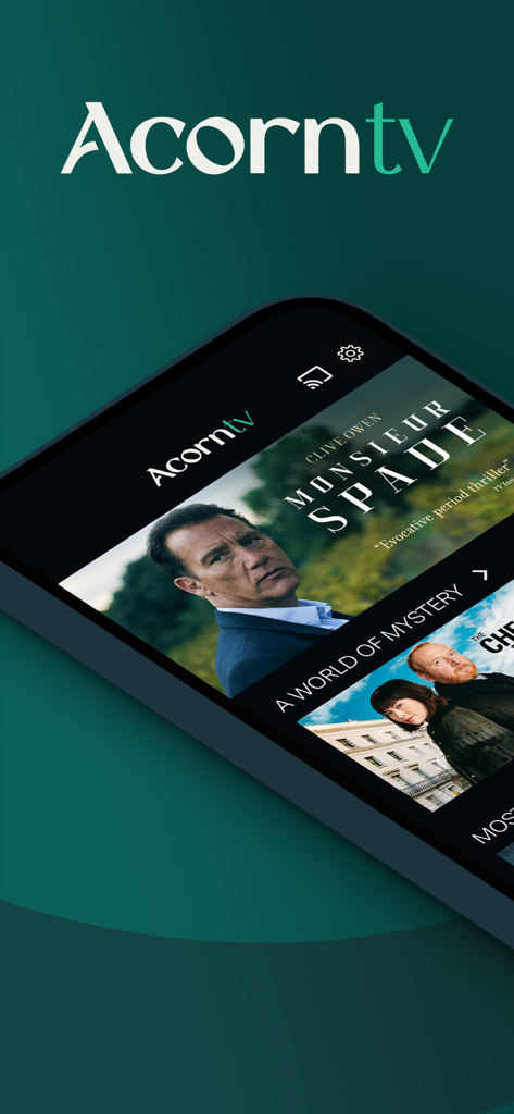 Acorn TV App-Oberfläche auf einem Smartphone mit der Krimiserie Monsieur Spade.