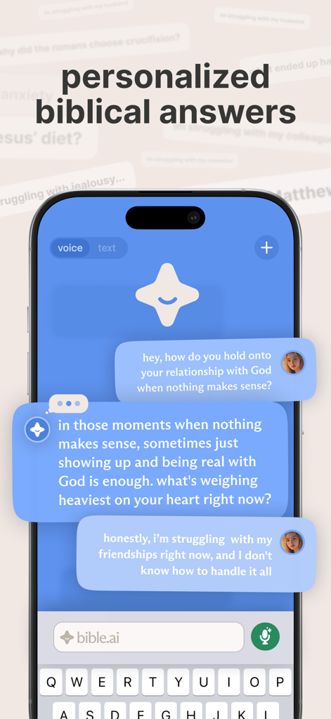bible.ai - Chat about Anything - Interfaz de la aplicación Bible AI mostrando respuestas bíblicas personalizadas en formato de chat.