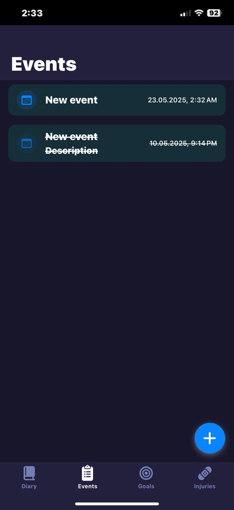 Ecuabe - Trackly: sport diary - La pantalla de eventos de la aplicación de diario deportivo Trackly que muestra una lista de actividades registradas.