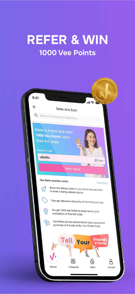Pantalla "Refiere y Gana" de la aplicación móvil Jeevee que ofrece recompensas de 1000 Vee Points.
