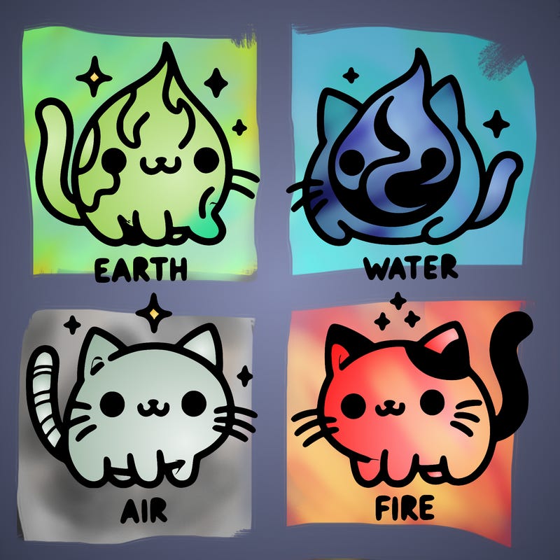 4 cats that represent the different elements, earth, water, air, and fire
